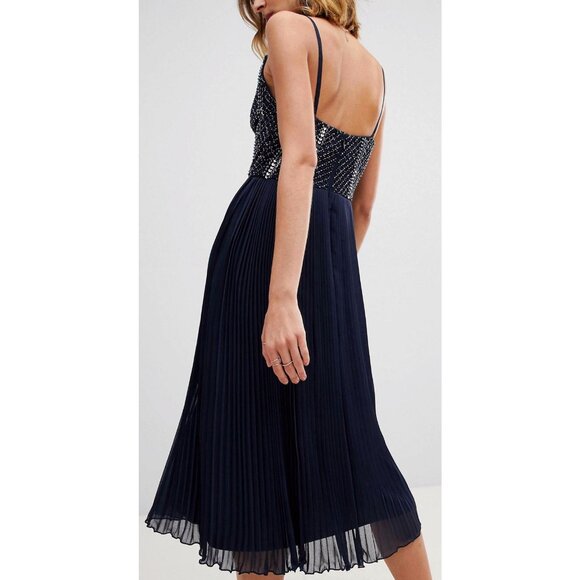 Lace & Beads Embellished Pleated Chiffon Cocktail Dress Midi Dress Blue Size S - Picture 4 of 11